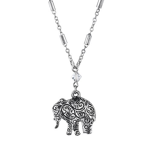 1928 Jewelry Engraved Pewter Elephant Drop Chain Necklace
