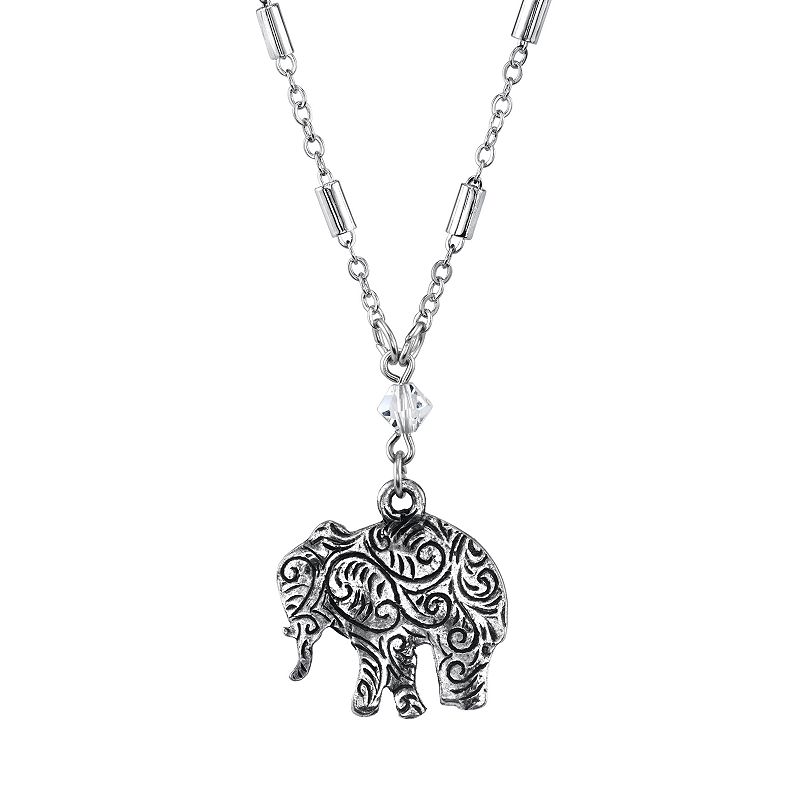 1928 Jewelry Engraved Pewter Elephant Drop Chain Necklace, Women's, Silver Tone