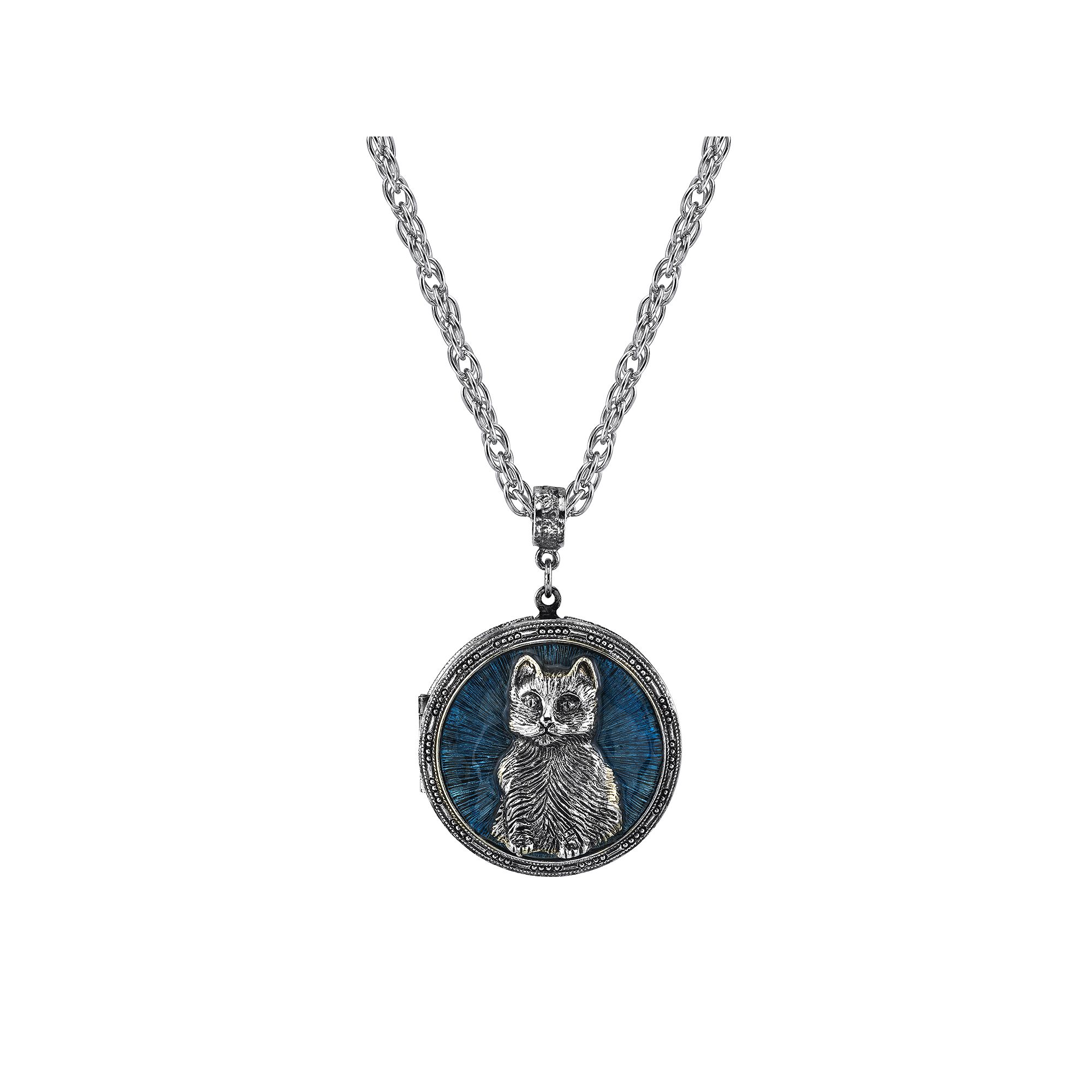 1928 Jewelry Antiqued Pewter Cat Locket Pendant Necklace, Womens, Blue