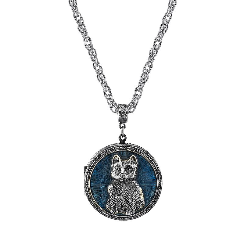 1928 Jewelry Antiqued Pewter Cat Locket Pendant Necklace, Womens, Blue