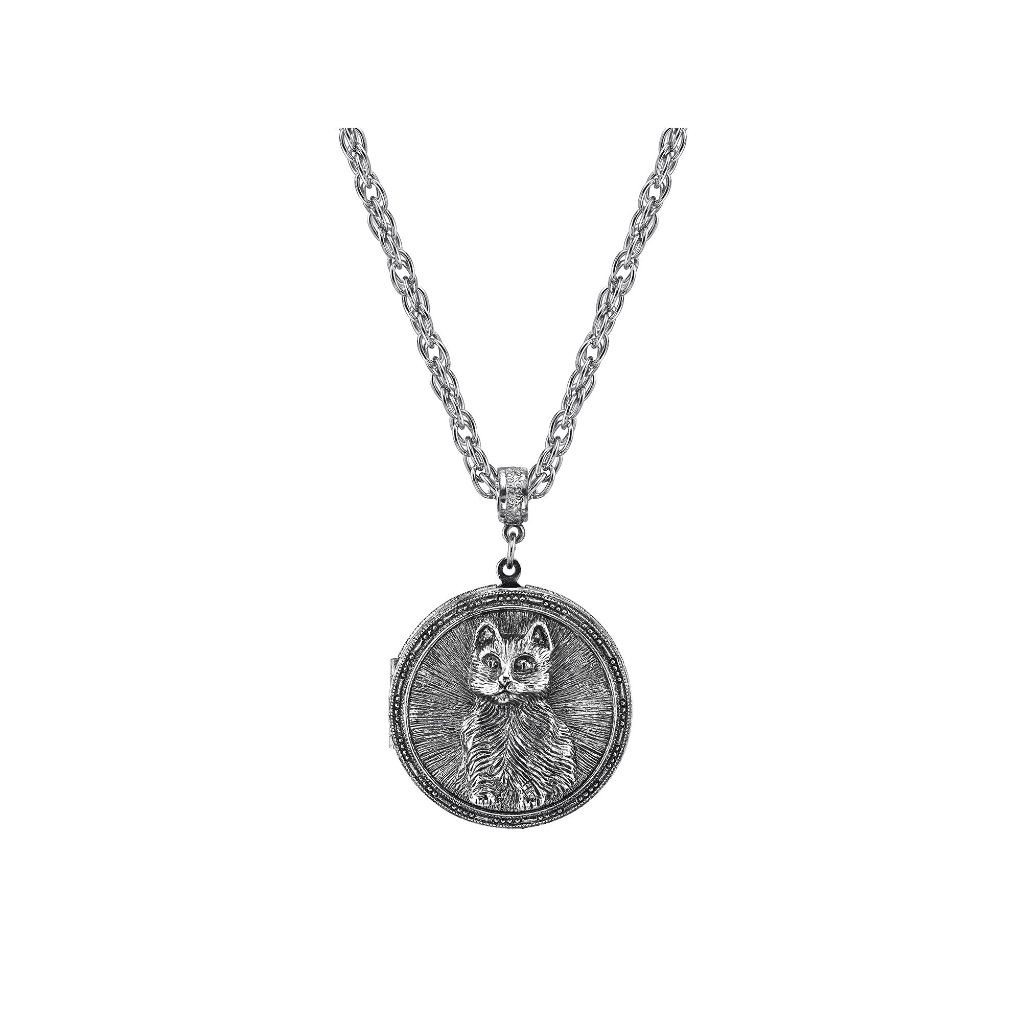 1928 Jewelry Antiqued Pewter Cat Locket Pendant Necklace, Womens, Grey