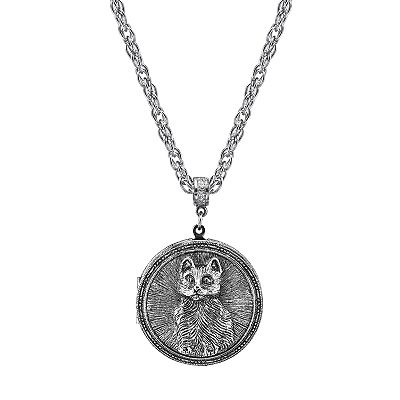 1928 Jewelry Antiqued Pewter Cat Locket Pendant Necklace