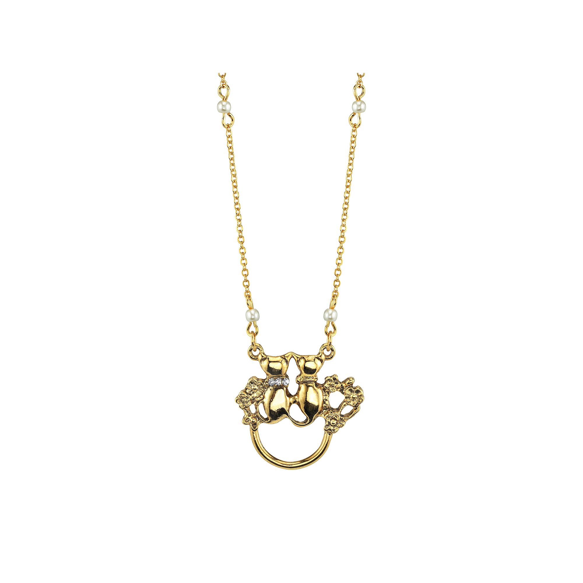 1928 Jewelry Simulated Pearl & Crystal Cat Motif Pendant Necklace, Womens,