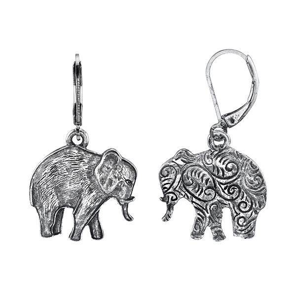 1928 Jewelry Engraved Pewter Elephant Drop Earrings