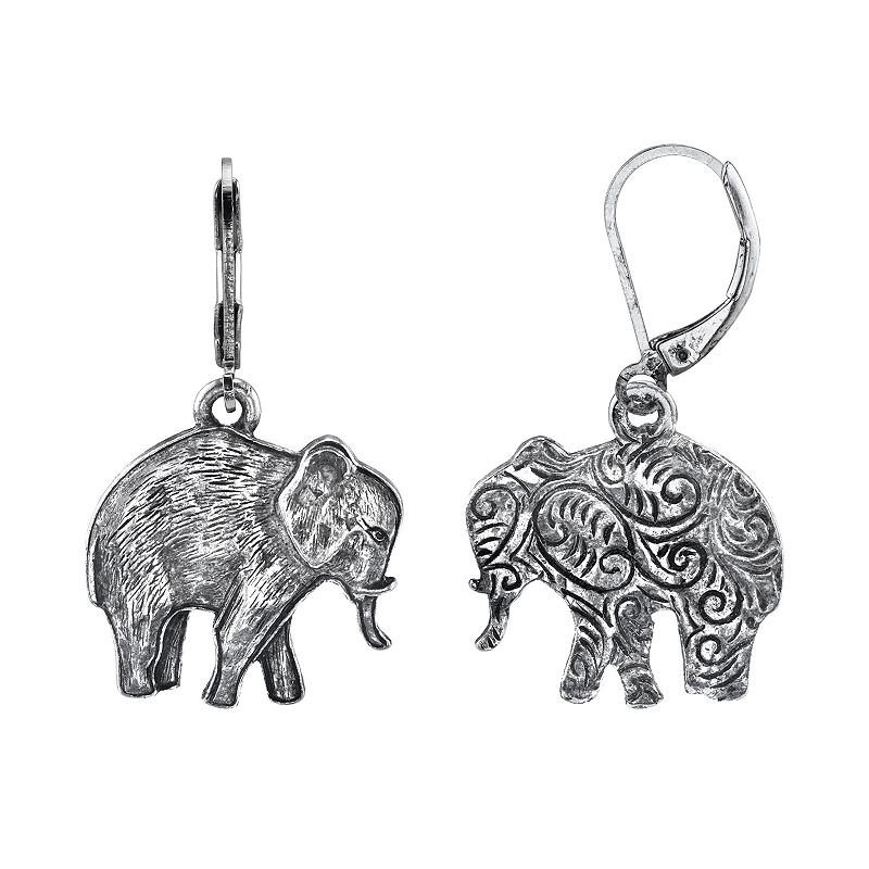 1928 Jewelry Engraved Pewter Elephant Drop Earrings, Womens, Grey