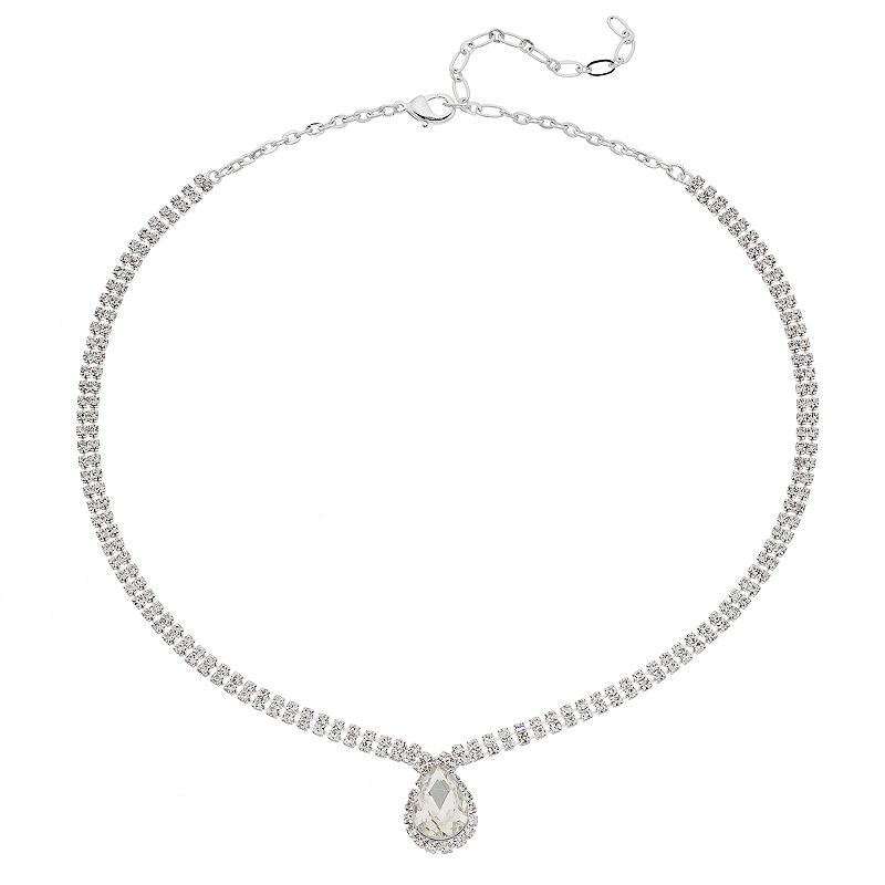 Vieste Short Rhinestone Teardrop Necklace, Womens, Silver