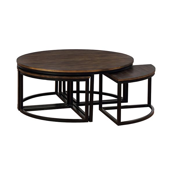 42" Arcadia Acacia Wood Round Coffee Table with Nesting Tables Dark Brown - Alaterre Furniture