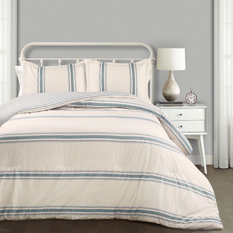 Lush Decor Farmhouse Stripe Comforter Set, Blue, King