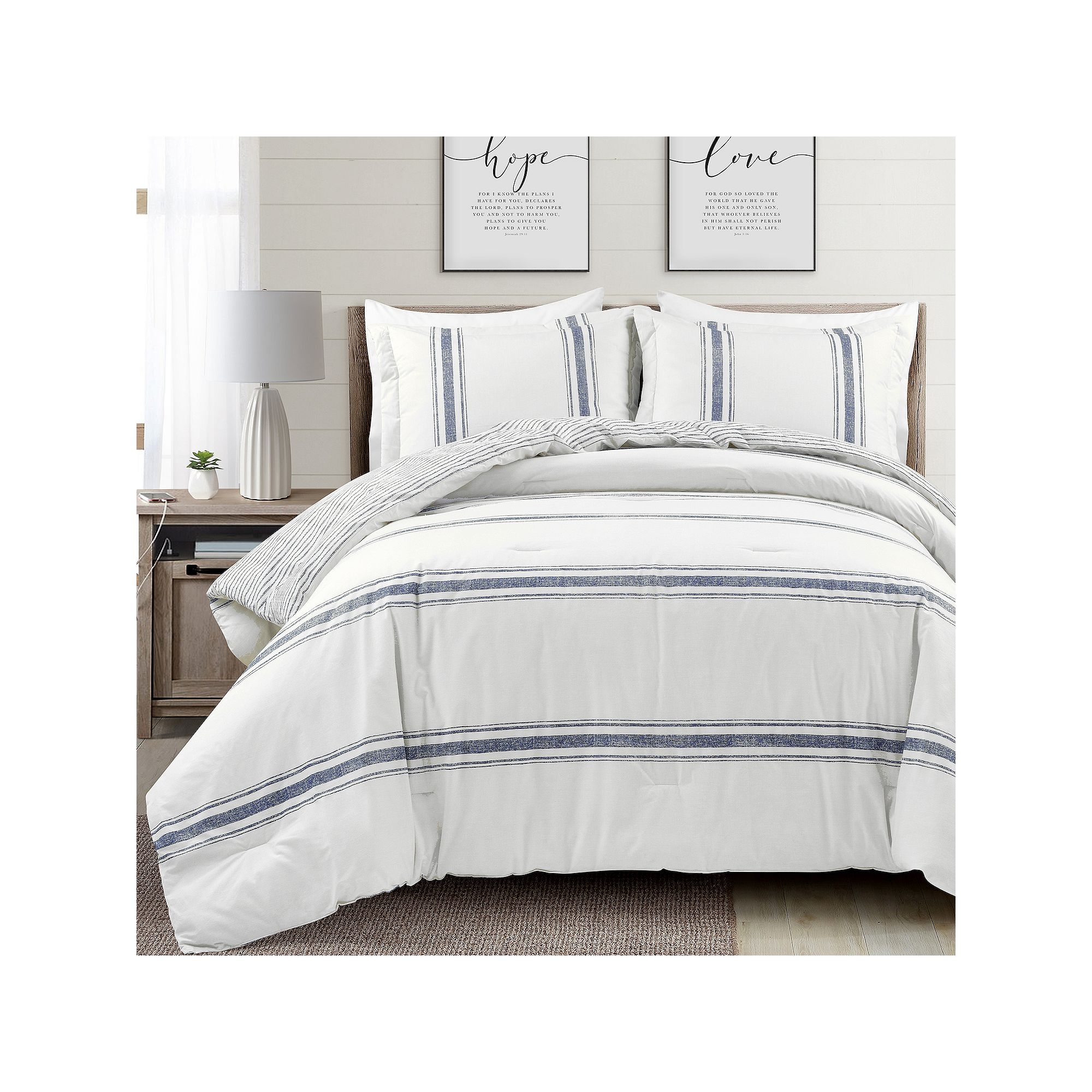 Lush Decor Farmhouse Stripe Comforter Set, Blue