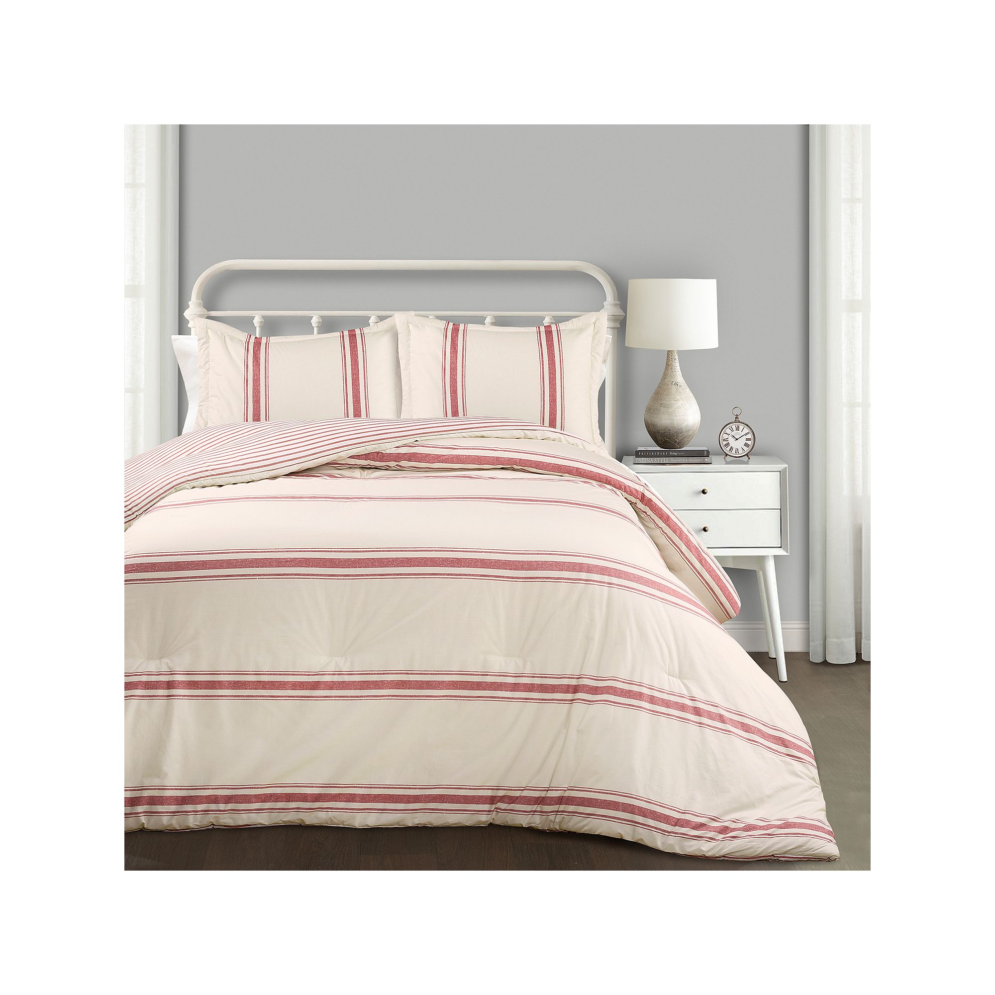 Lush Decor Farmhouse Stripe Comforter Set, Red