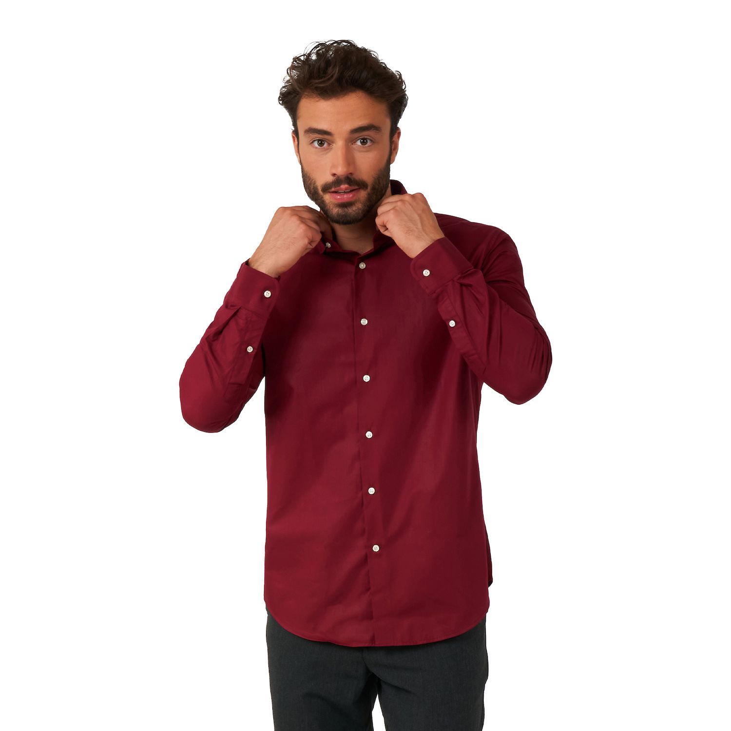 OppoSuits Men's Blazing Burgundy Long Sleeve Shirt, Red, Medium