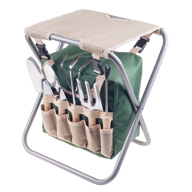 A tan and green gardening tool set