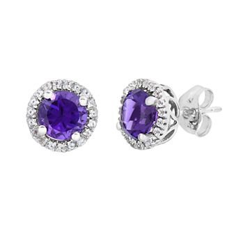 10k White Gold Gemstone & White Topaz Halo Stud Earrings