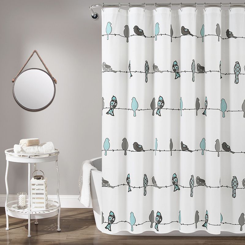 Rowley Birds Shower Curtain Blue/Gray - Lush Décor: Polyester Microfiber, Buttonhole Top, Machine Washable