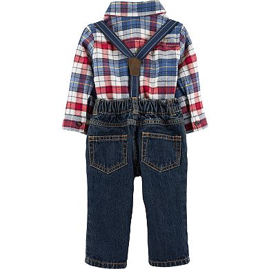 Baby Boy Carter's Red Blue Plaid Dressy Suspender Set
