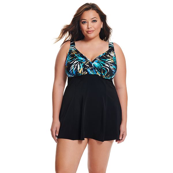 Plus Size Great Lengths Gold Leaf Draped Crossover Swimdress
