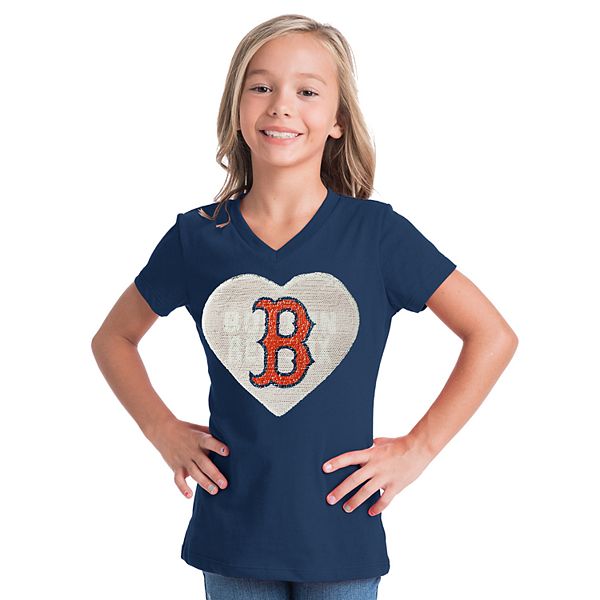 Boston Red Sox Girls Blue Glitter V Neck Shirt Size Large 10/12