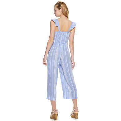 Juniors' Candie's® Button Front Flutter Sleeve Cropped Jumpsuit