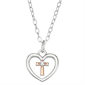 Charming Girl Kids' Two-Tone Sterling Silver Heart & Cross Pendant Necklace