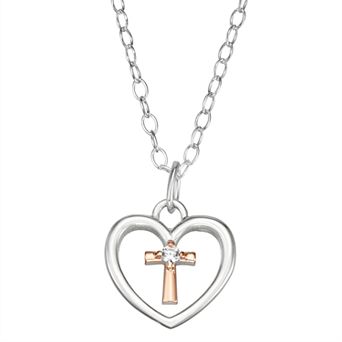 Charming Girl Kids' Two-Tone Sterling Silver Heart & Cross Pendant Necklace