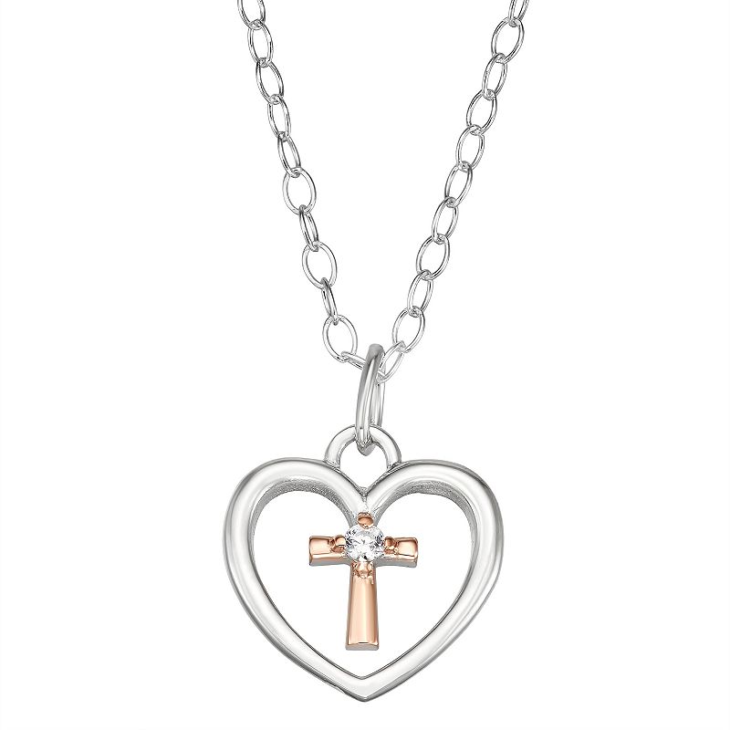 Charming Girl Two-Tone Sterling Silver Heart & Cross Pendant Necklace, Wom