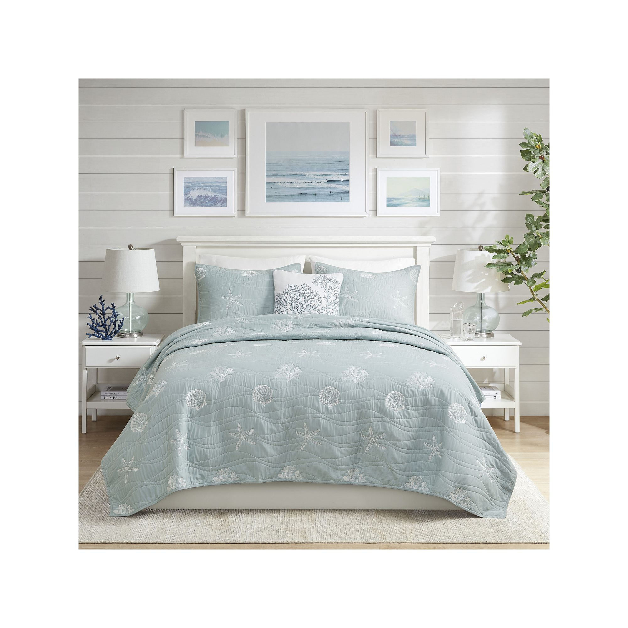 Harbor House Coastal Cotton Quilt Set with Shams and Throw Pillow, Dusty Bl