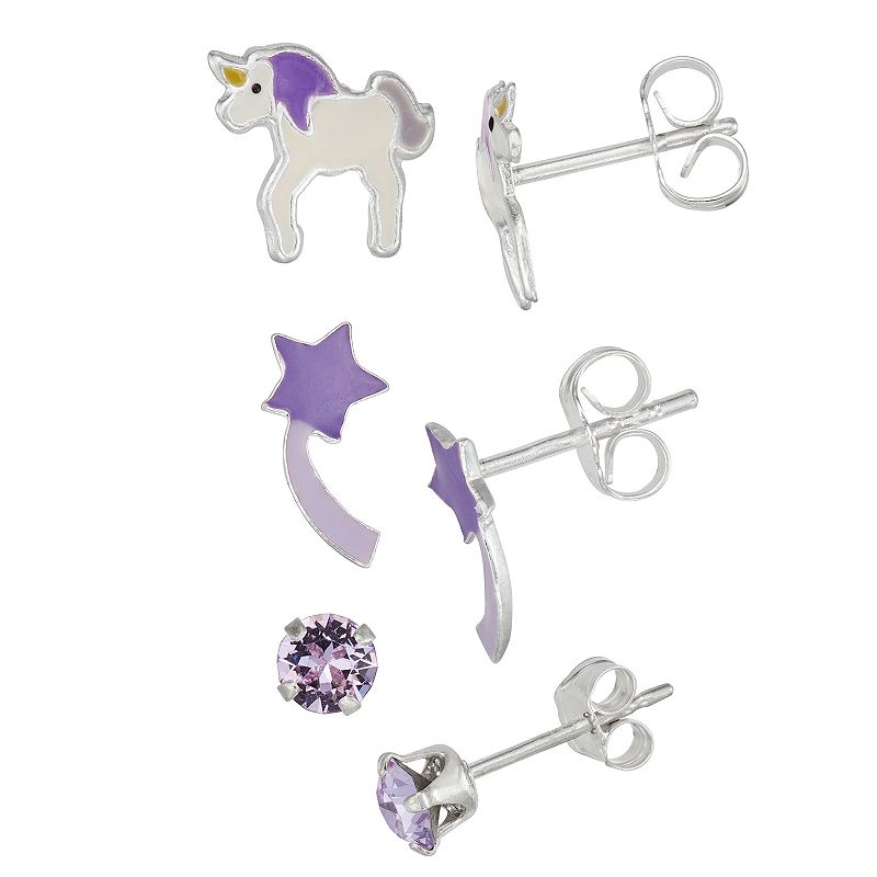 Charming Girl 3-Pair Crystal Unicorn Earring Set, Womens, Purple