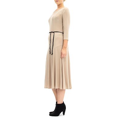 Women's Nina Leonard Three-Quarter Sleeve Belted Midi Dress