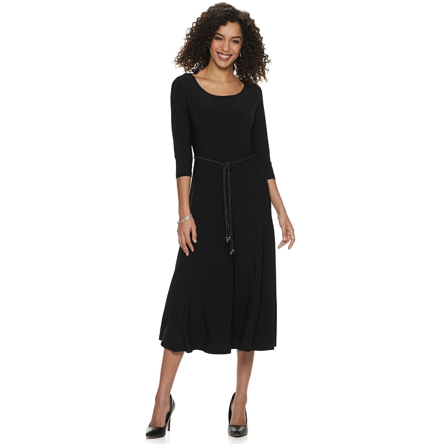 Женское платье Nina Leonard Three-Quarter Sleeve Belted Midi, цвет: Чёрный