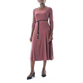 Women's Nina Leonard Three-Quarter Sleeve Belted Midi Dress