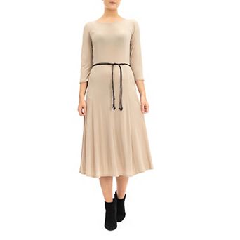 Women's Nina Leonard Three-Quarter Sleeve Belted Midi Dress