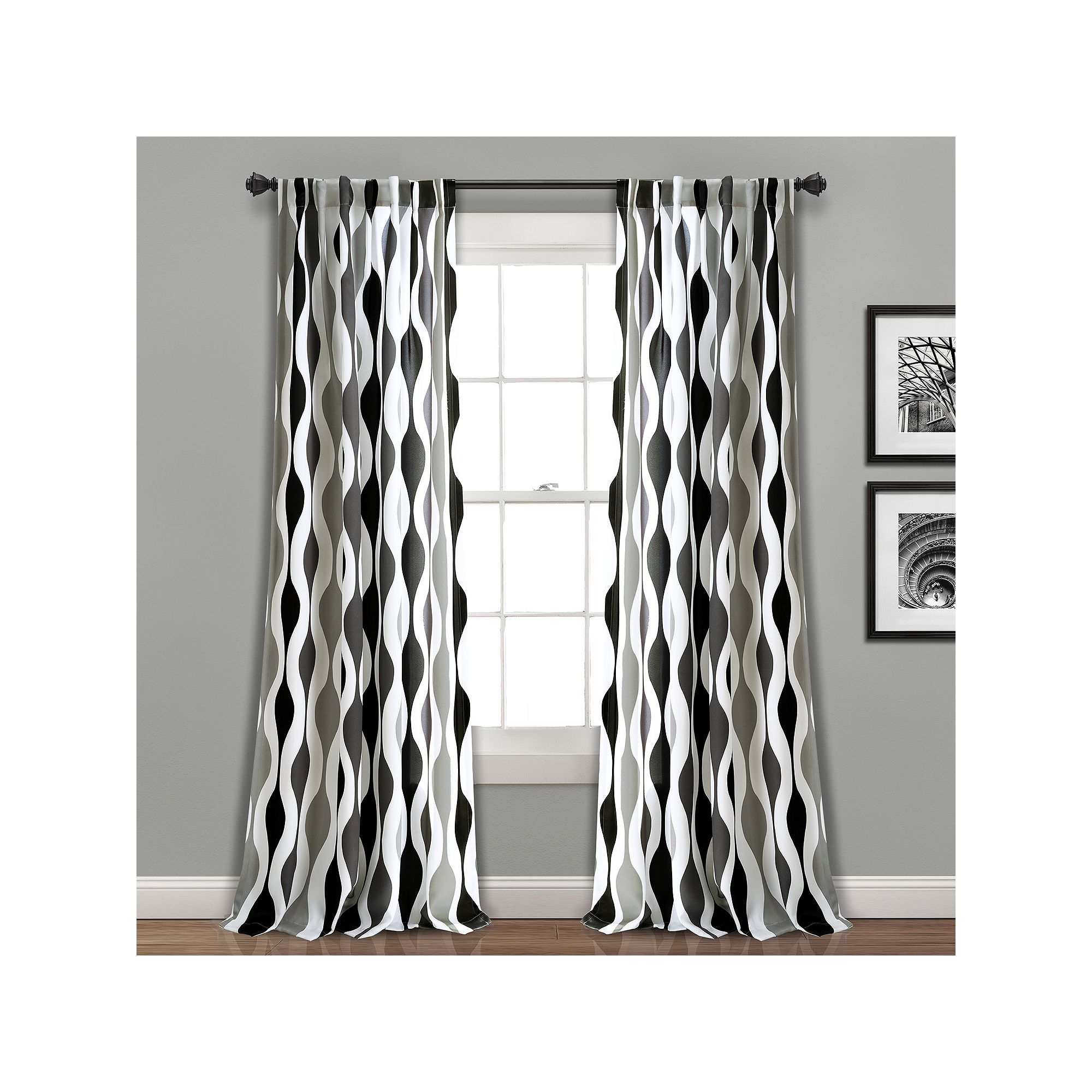Lush Decor Mid Century Geo Room Darkening Window Curtains Set, Black Gray