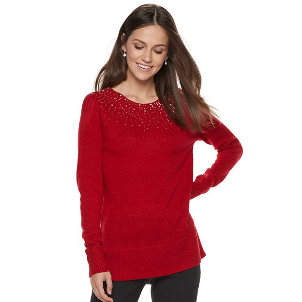 WOMEN'S APT 9 EMBELLISHED YOKE LONG SLEEVE CREWNECK SWEATER 