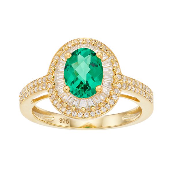 14K Gold Over Silver Lab Created Emerald Lab Created White Sapphire Ring