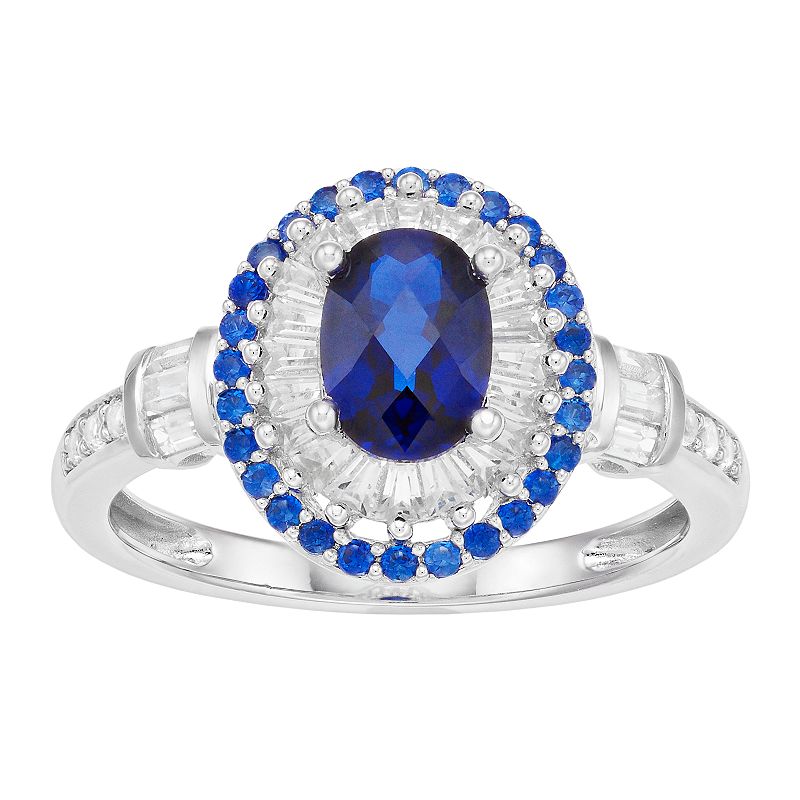 Sterling Silver Lab-Created Blue & White Sapphire Halo Ring, Womens, Size: