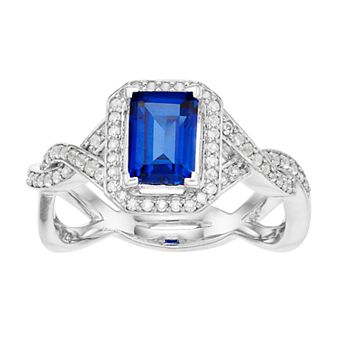 Sterling Silver Lab-Created Blue & White Sapphire Rectangular Halo Ring