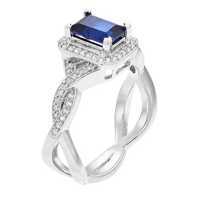 MASTERPIECE Sterling Silver Lab-Created Blue & White Sapphire Rectangular Halo Ring