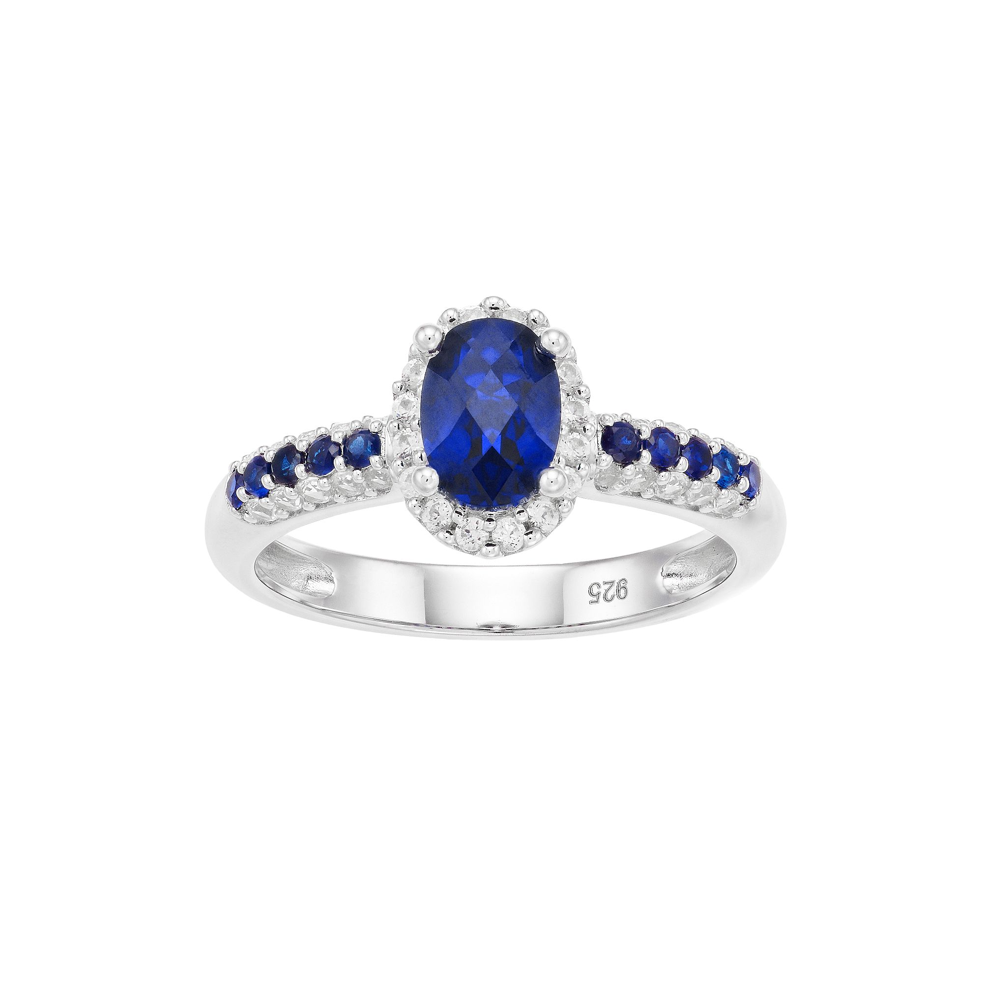Sterling Silver Lab-Created Blue & White Oval Halo Ring, Womens, Size: 7, 