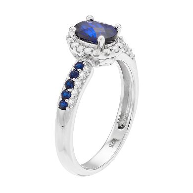 Sterling Silver Lab-Created Blue & White Oval Halo Ring