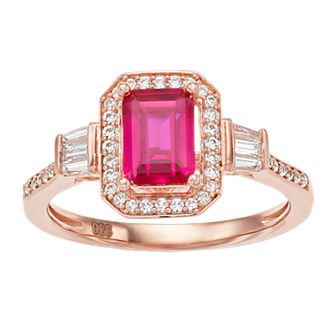 Rose Gold Over Silver Lab-Created Ruby & White Sapphire Rectangular Halo Ring