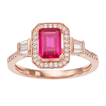 Rose Gold Over Silver Lab-Created Ruby & White Sapphire Rectangular Halo Ring