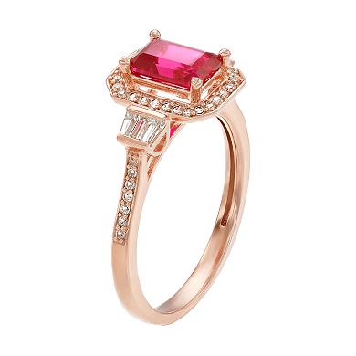 Rose Gold Over Silver Lab-Created Ruby & White Sapphire Rectangular Halo Ring