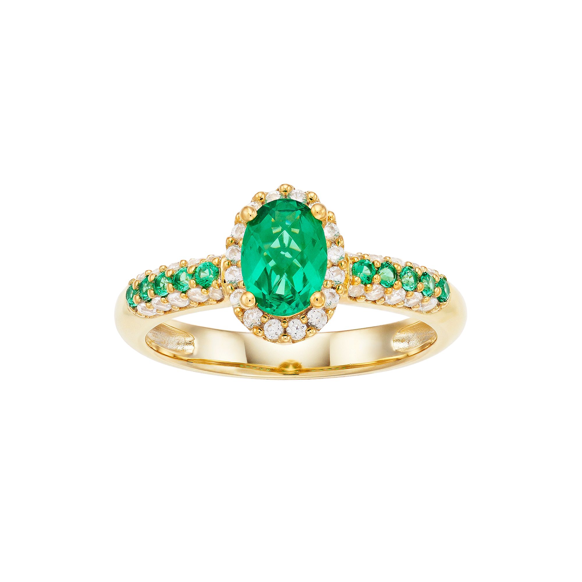 14K Gold Over Silver Lab Created Emerald Lab Created White Sapphire Oval Ha
