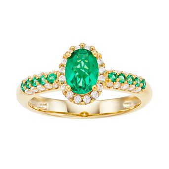 14K Gold Over Silver Lab Created Emerald Lab Created White Sapphire Oval Halo Ring