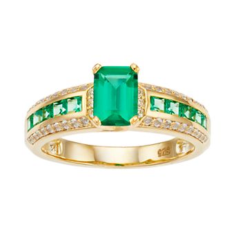 14K Gold Over Silver Lab Created Emerald Lab Created White Sapphire Ring