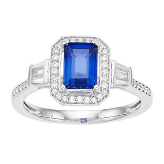 Sterling Silver Lab-Created Blue & White Sapphire Rectangular Halo Ring