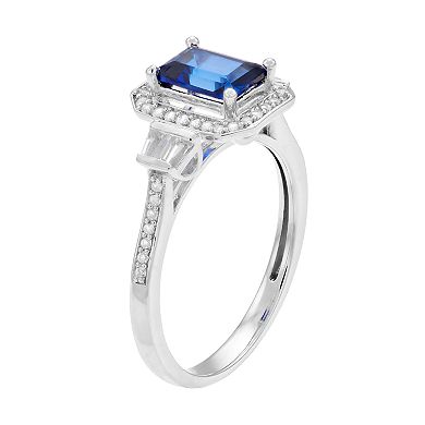 MASTERPIECE Sterling Silver Lab-Created Blue & White Sapphire Rectangular Halo Ring