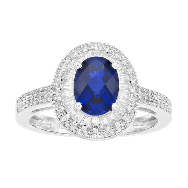 Sterling Silver Lab-Created Blue & White Sapphire Oval halo Ring