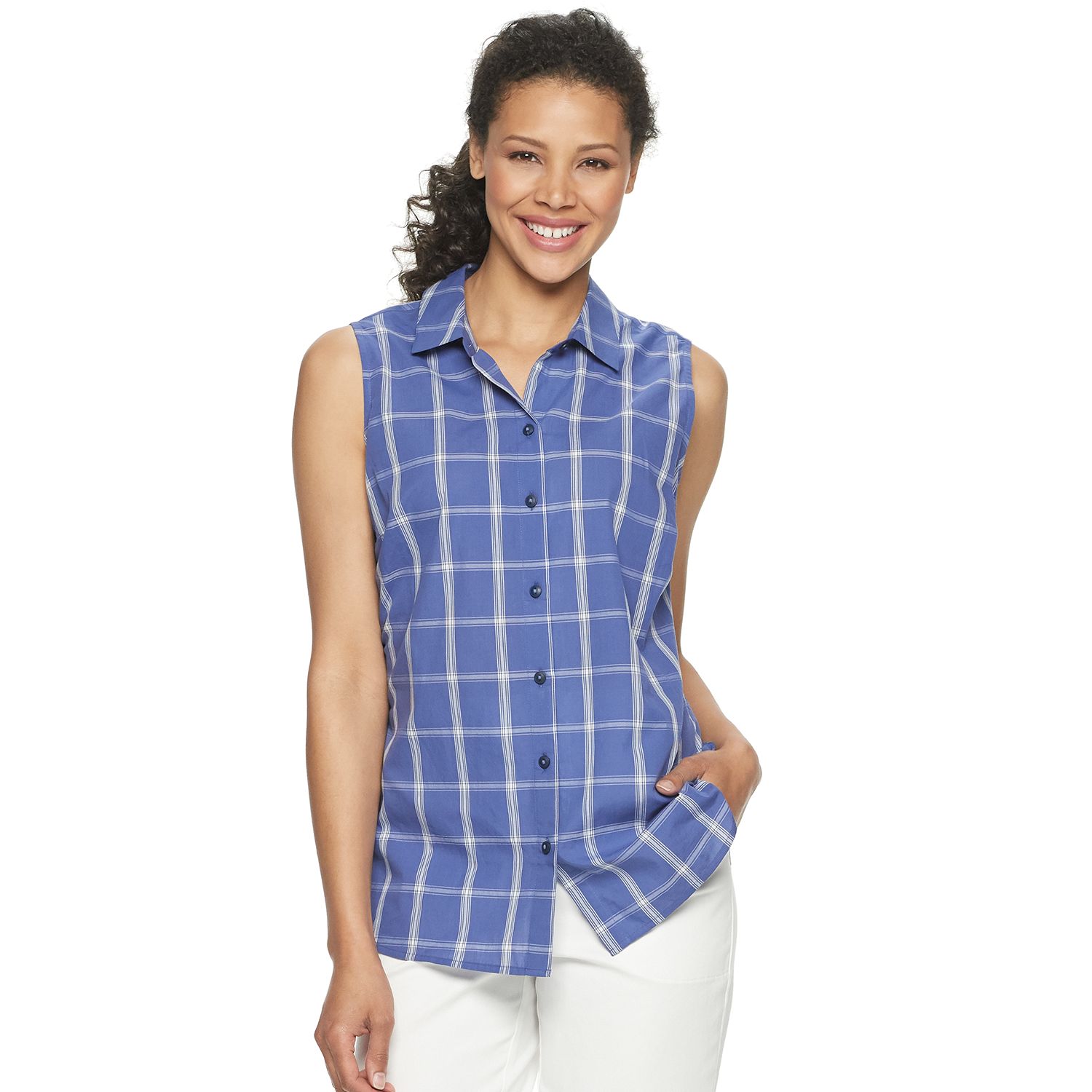 women's sleeveless button down blouse