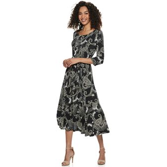 Women's Nina Leonard Belted 3/4 Sleeve Print Midi Dress